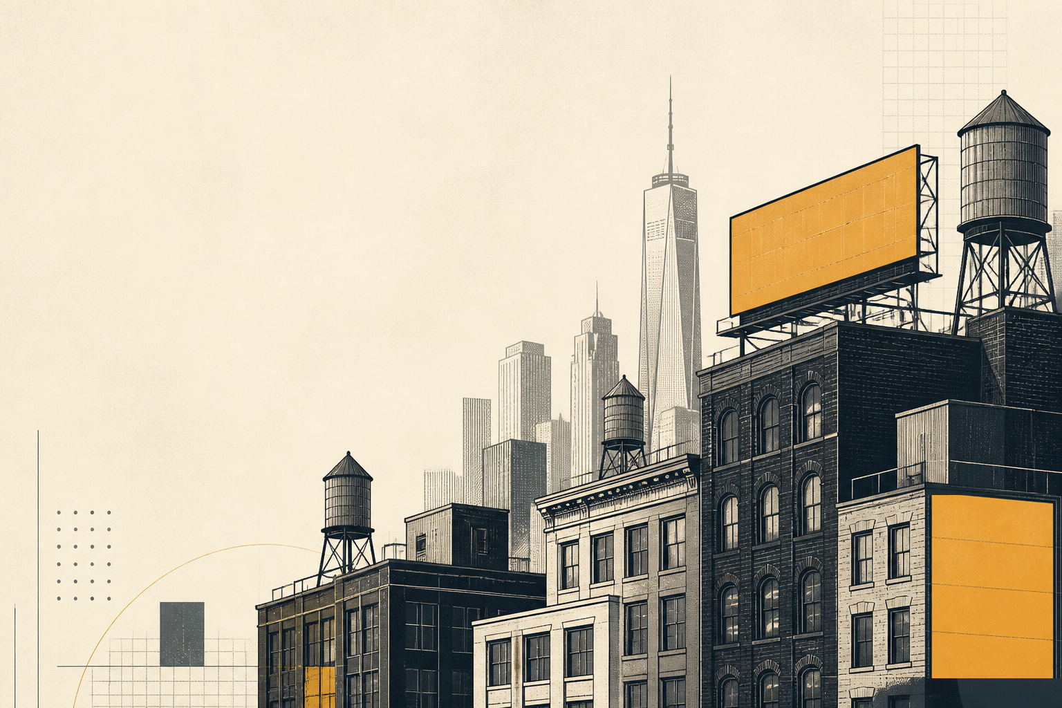 Illustrated New York rooftops with a large amber wallscape billboard painted on a building wall